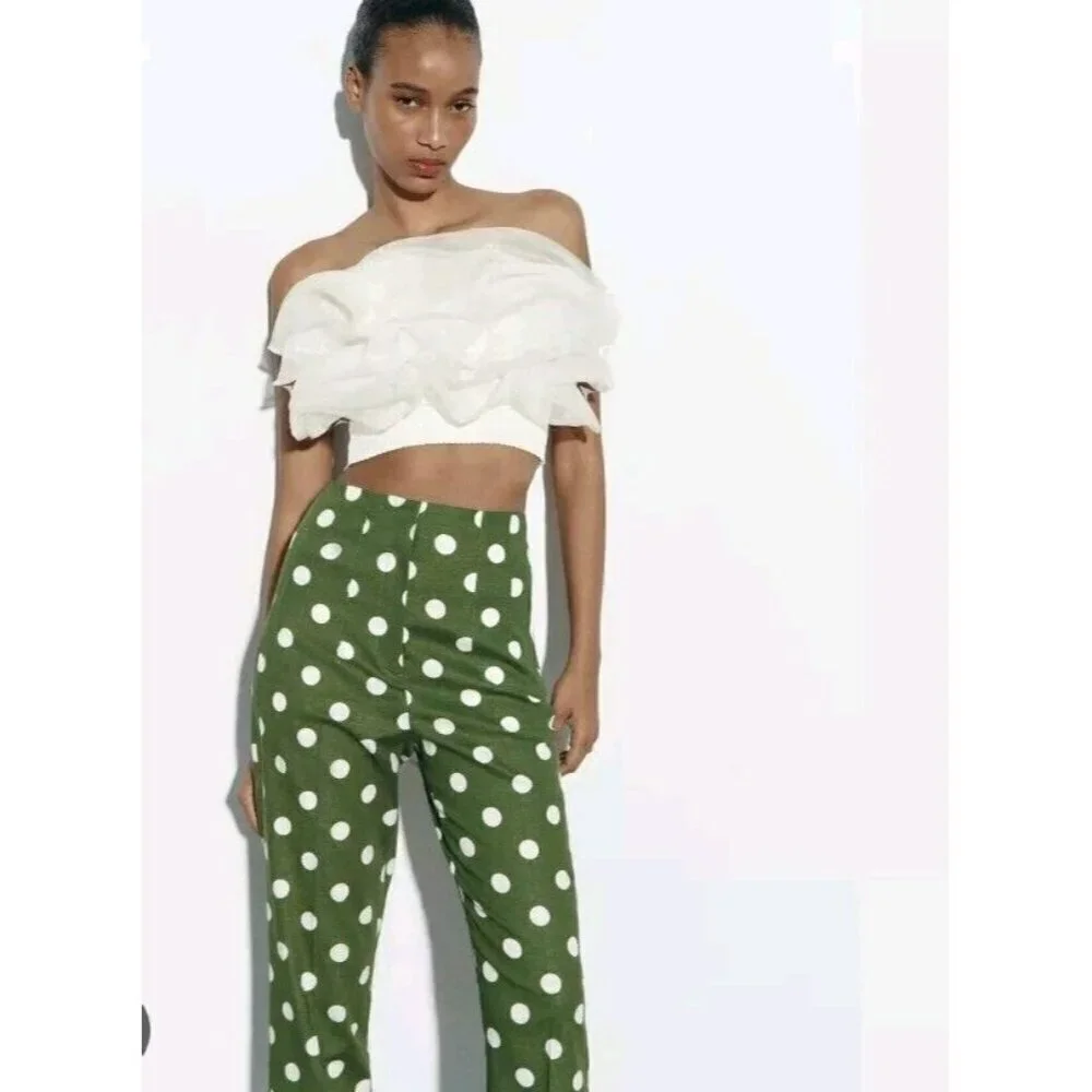 ZARALINEN BLEND POLKA DOT PANTS S 7660 605